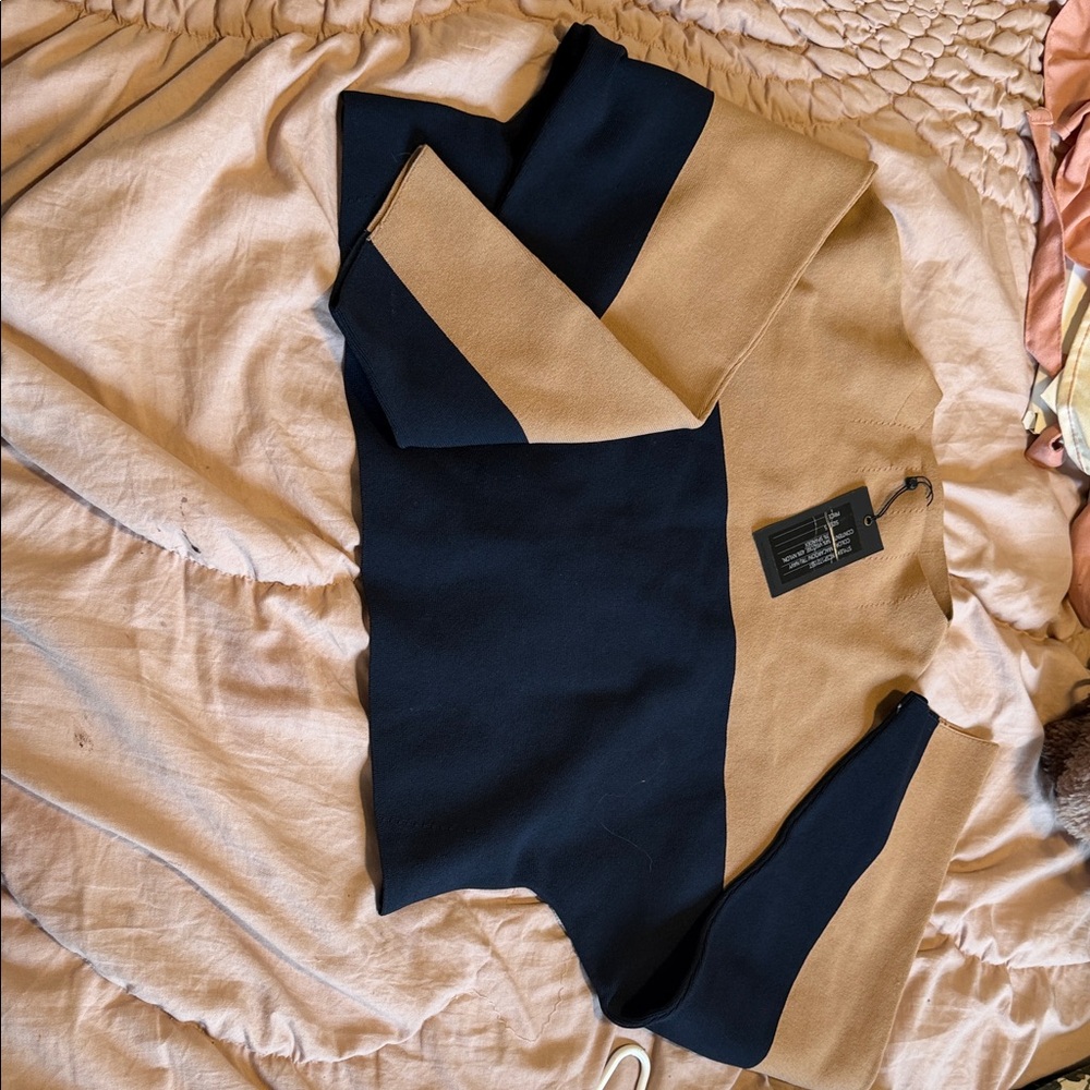 Kendall & Kylie Navy and Camel Colorblock Crewneck Sweater
